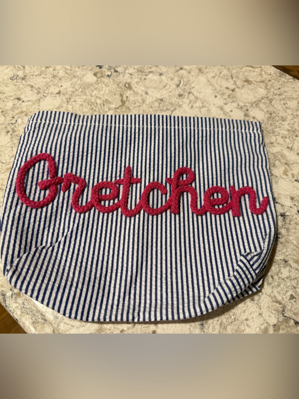 Striped Navy Cosmetic Pouch with Pink Rope Name Embroidery